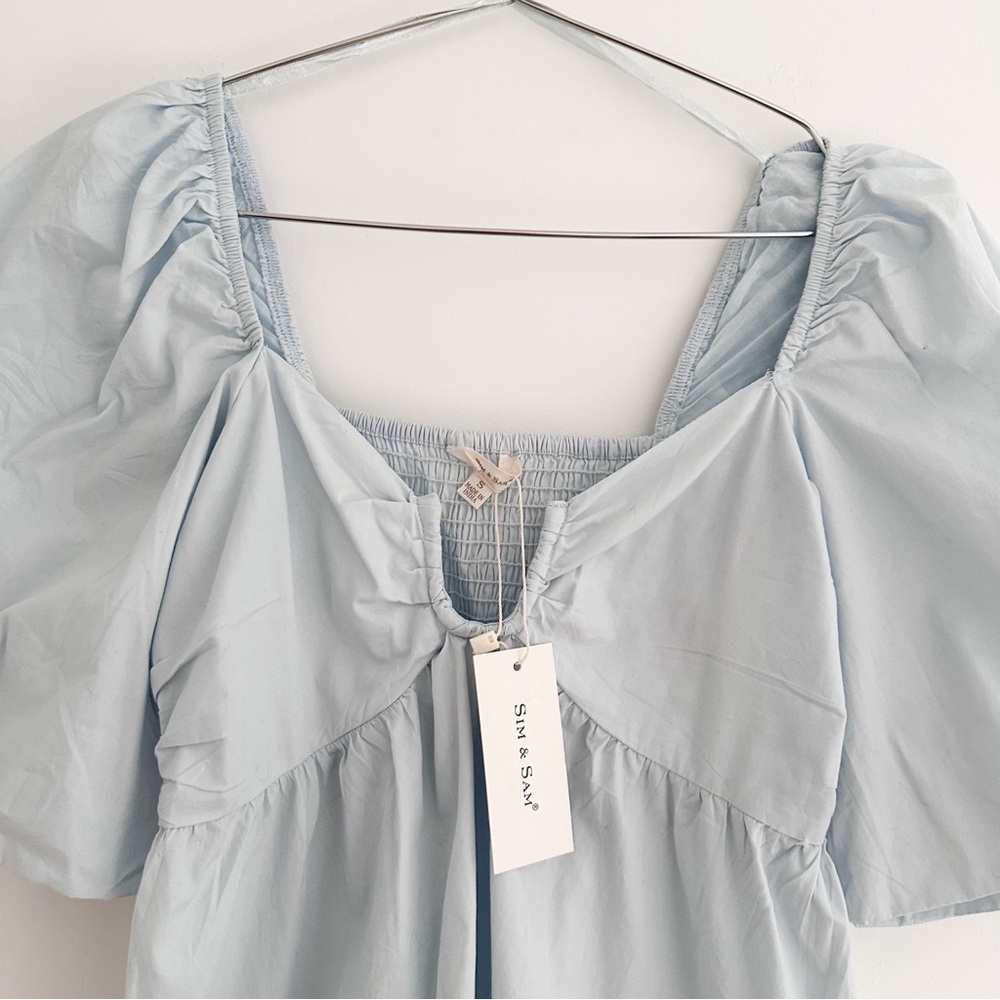 Sim & Sam Light Blue Puff Sleeve Cotton Mini Dress NWT Size Small - Picture 2 of 5
